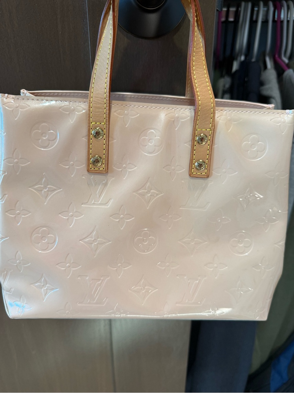 Louis Vuitton Light Pink Vernis Monogram Tote with Tan Handles